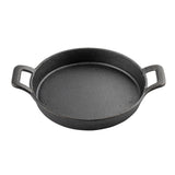 A round, black cast iron skillet with two rectangular handles on opposite sides. This TableCraft product features high sides and a textured, matte finish, making it perfect for serving dishes in style on a white background.