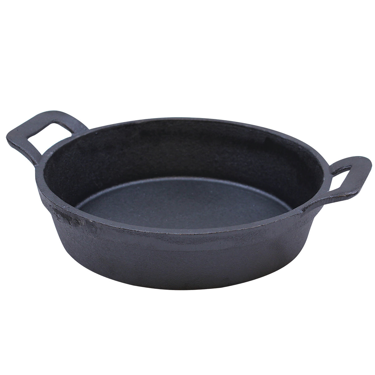 A round, black TableCraft cast iron pan with two sturdy handles on opposite sides. The pan has high sides, a flat base, and a matte finish, giving this mini server a rustic and durable appearance.