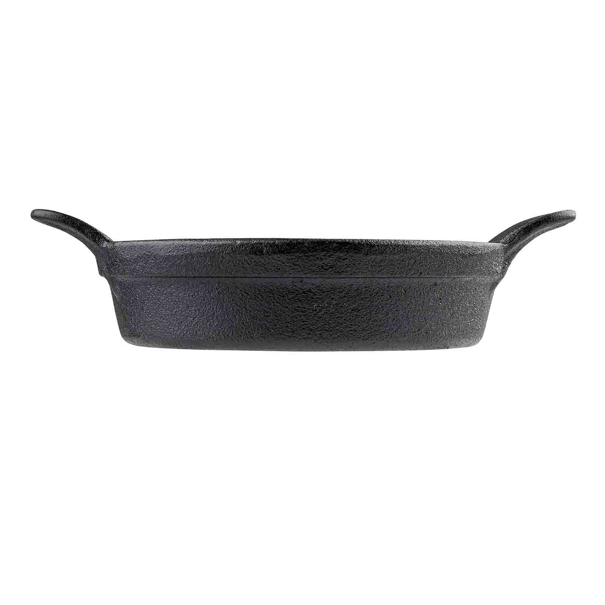 A black, oval-shaped TableCraft Mini Server cast iron baking dish is shown from the side. It features a textured surface with two curved handles on opposite ends and sits on a plain white background.