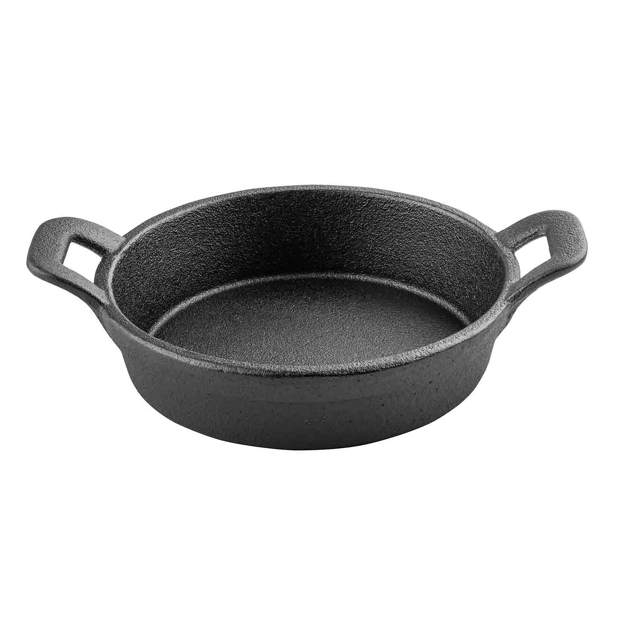 A round, black TableCraft cast iron baking dish is shown from above at an angle. It has two wide, rectangular handles on each side and a textured surface. The Mini Server sits on a plain white background.