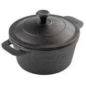 A black TableCraft cast iron Dutch oven with a matching lid and two handles sits on a white background. The surface has a rough, textured finish, and the lid features a round knob handle at the center—perfect for serving mini casseroles.