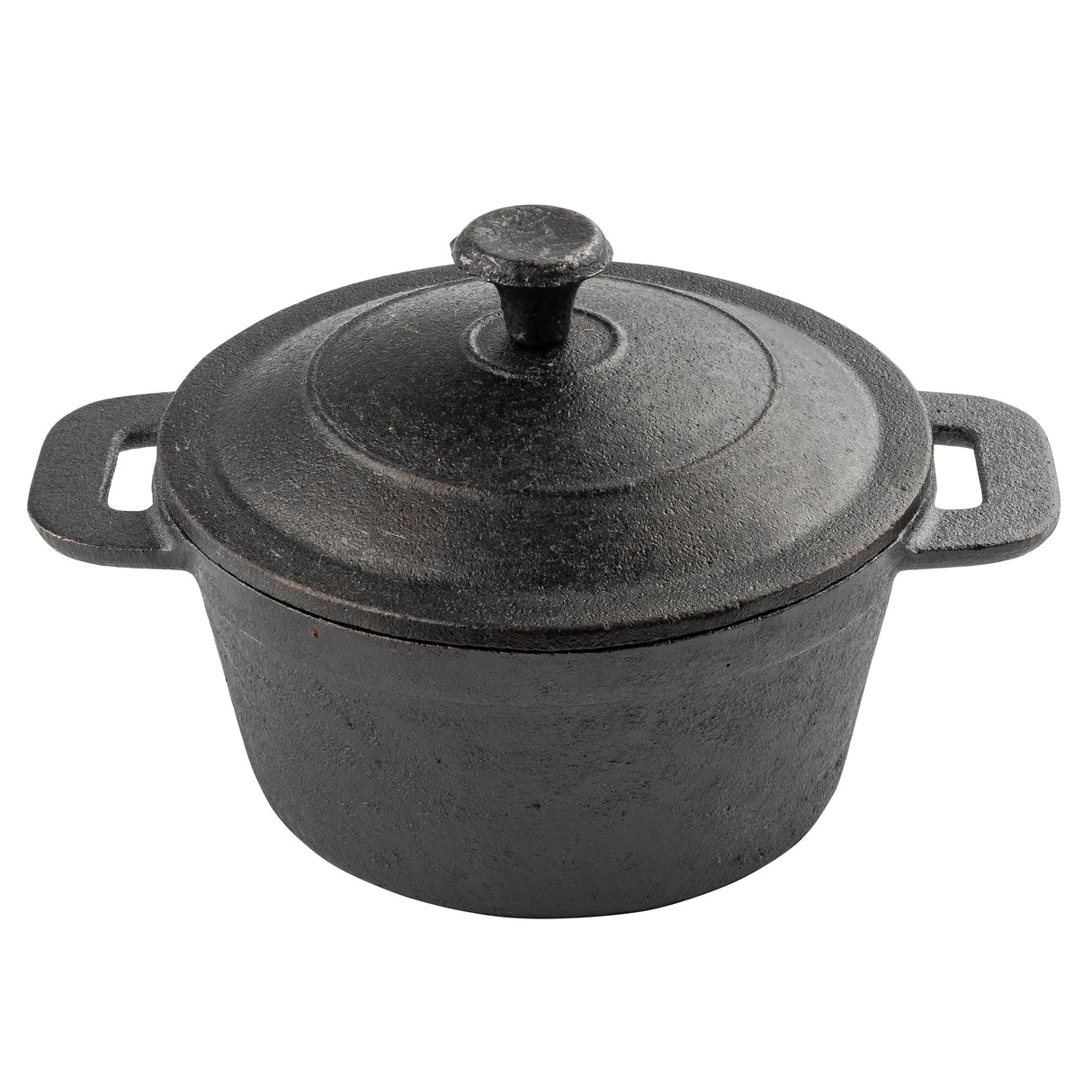 This TableCraft Mini Casserole Dutch oven features black cast iron with a matching lid and handle. With its two side handles and rough, textured finish, the design is rustic, sturdy, and perfect for single servings.