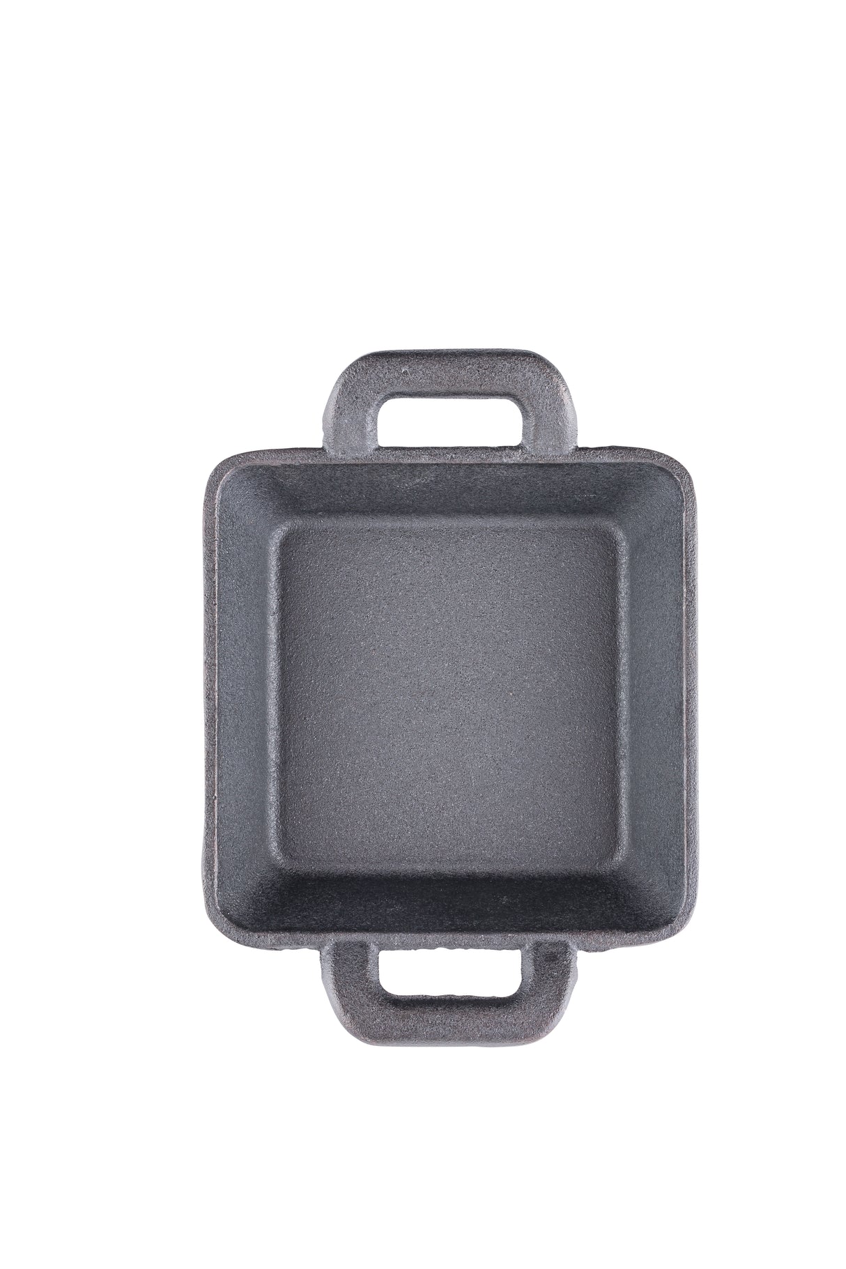 A square mini cast iron server with two handles is photographed from above against a white background. The TableCraft CW30150 features a textured surface, straight edges, and appears empty and clean.