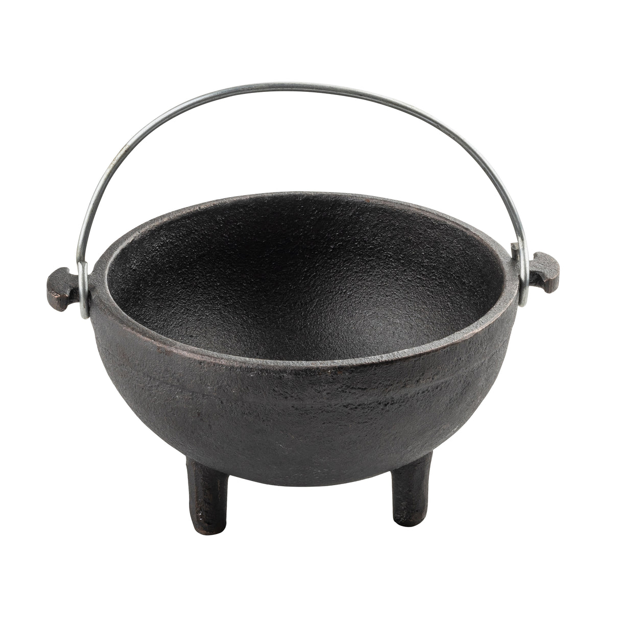 A small black TableCraft cast iron mini kettle server with three short legs and a sturdy, arched metal handle on each side, photographed against a white background. The pot has a rough, matte texture and a round, wide opening.