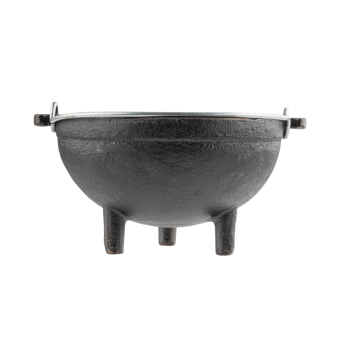 A black cast iron Mini Kettle Server by TableCraft features a rounded body, three sturdy legs, and side handles. Its rough texture and lidless design make it perfect for outdoor cooking or camping against a plain white background.