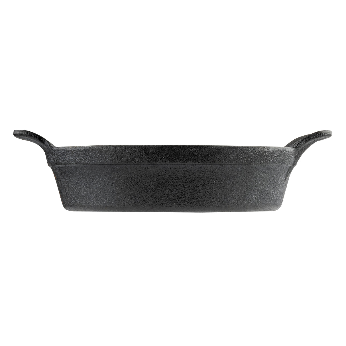 A black TableCraft cast iron pan is shown from the side with a rough texture. It features two short, curved handles and a deep, rectangular shape, resembling a fajita platter. The pan is set against a plain white background.