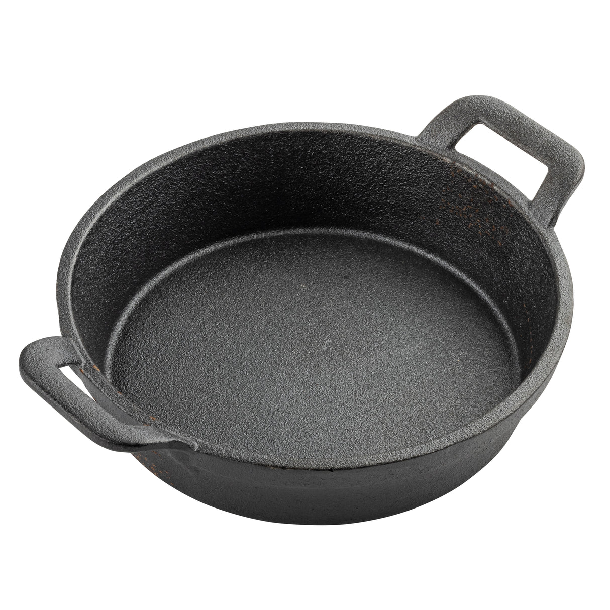 A black TableCraft cast iron pan with a textured surface and two rectangular handles sits empty on a white background. The round, deep pan has slightly flared sides, perfect as a Fajita Platter, with thick integrated handles for durability.