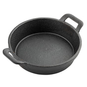 A black TableCraft cast iron pan with a textured surface and two rectangular handles sits empty on a white background. The round, deep pan has slightly flared sides, perfect as a Fajita Platter, with thick integrated handles for durability.