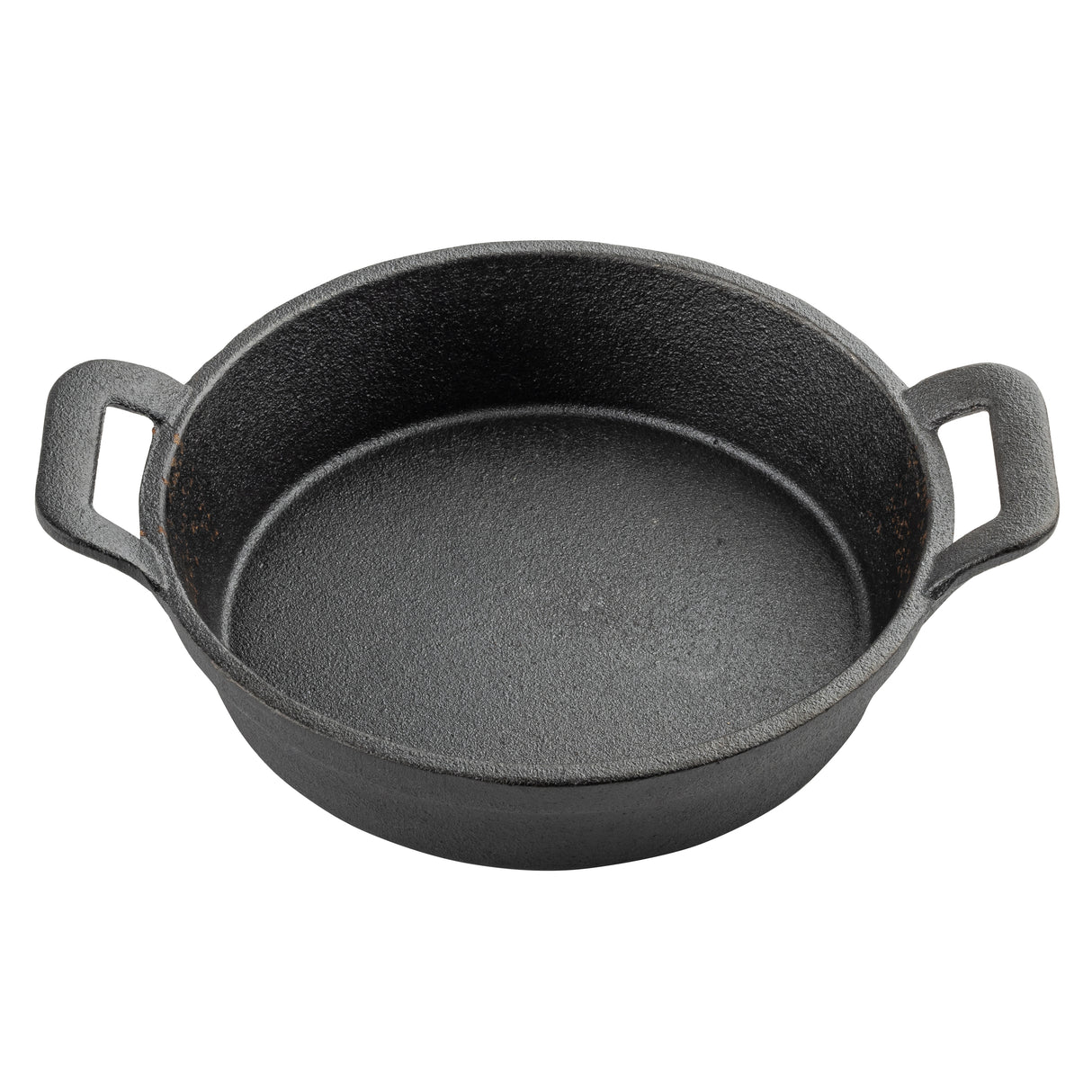 A round, black cast iron skillet from TableCraft with a rough texture and two flat handles sits empty against a plain white background—perfect as a fajita platter for serving sizzling dishes straight to the table.