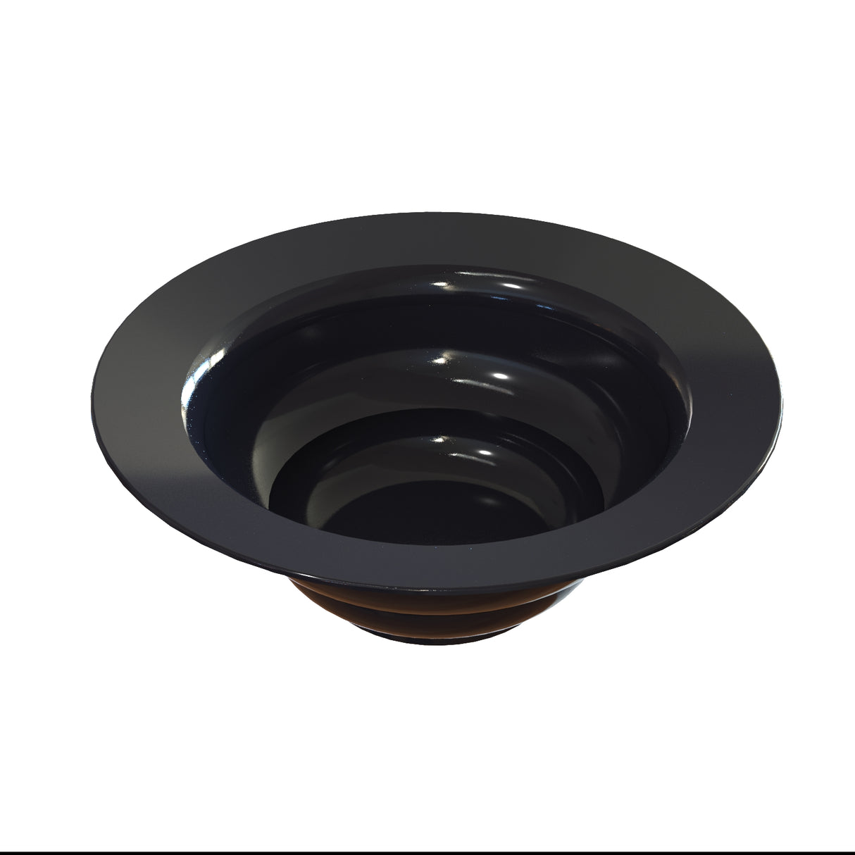A shiny, black, round salad bowl with a wide, flat rim sits on a white background. Made of cast aluminum for cold holding, its deep interior is smooth and glossy, reflecting subtle highlights like a modern dish or serving vessel.