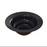 A shiny, black, round salad bowl with a wide, flat rim sits on a white background. Made of cast aluminum for cold holding, its deep interior is smooth and glossy, reflecting subtle highlights like a modern dish or serving vessel.