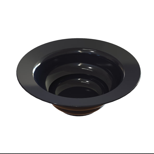 A shiny, black, round salad bowl with a wide, flat rim sits on a white background. Made of cast aluminum for cold holding, its deep interior is smooth and glossy, reflecting subtle highlights like a modern dish or serving vessel.