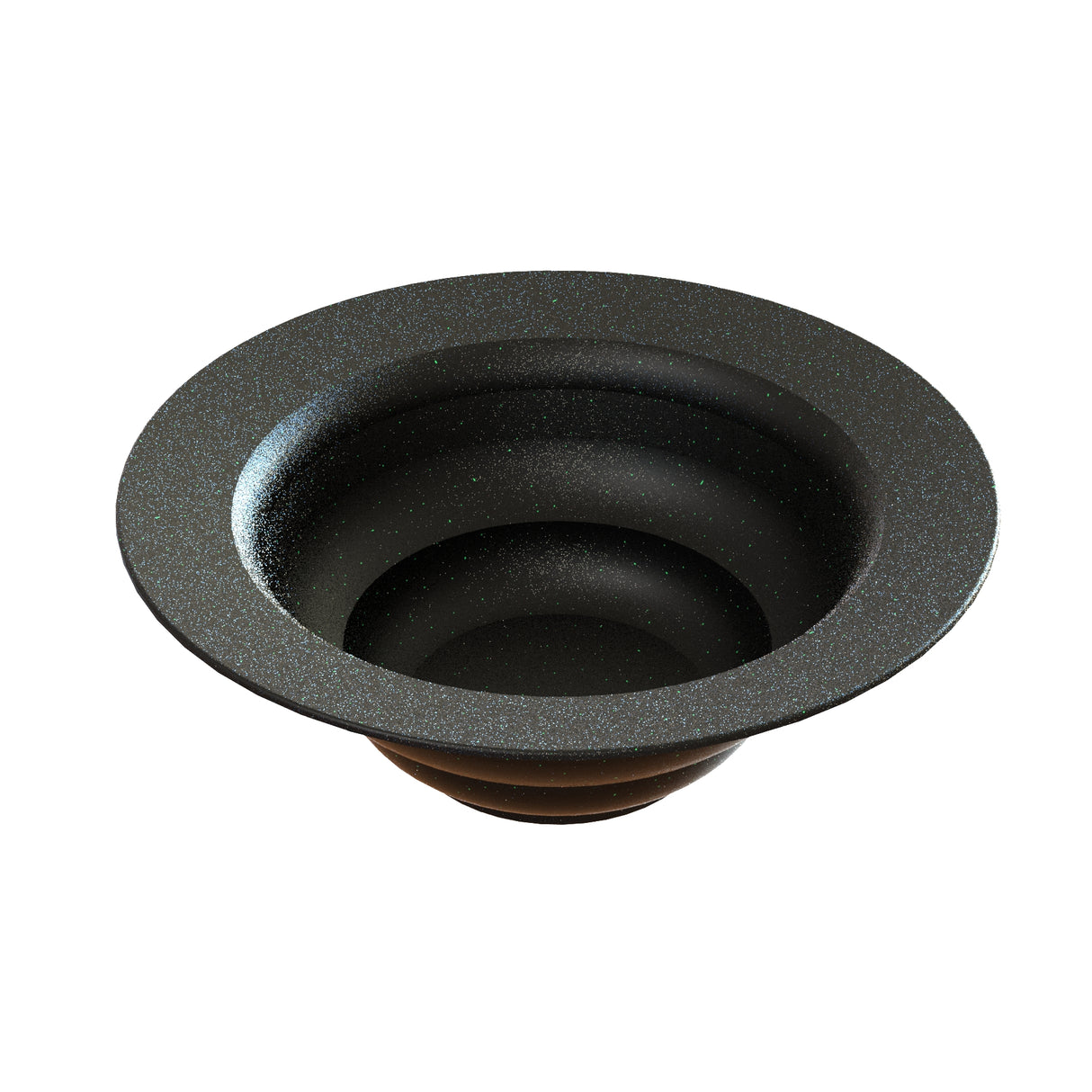 A black, round, wide-rimmed cast aluminum salad bowl with gently sloped sides and a textured, speckled surface. Its interior features concentric circular steps for a sculptural, layered design. The background is plain white.