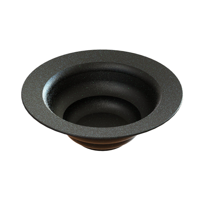 A black, round, wide-rimmed cast aluminum salad bowl with gently sloped sides and a textured, speckled surface. Its interior features concentric circular steps for a sculptural, layered design. The background is plain white.