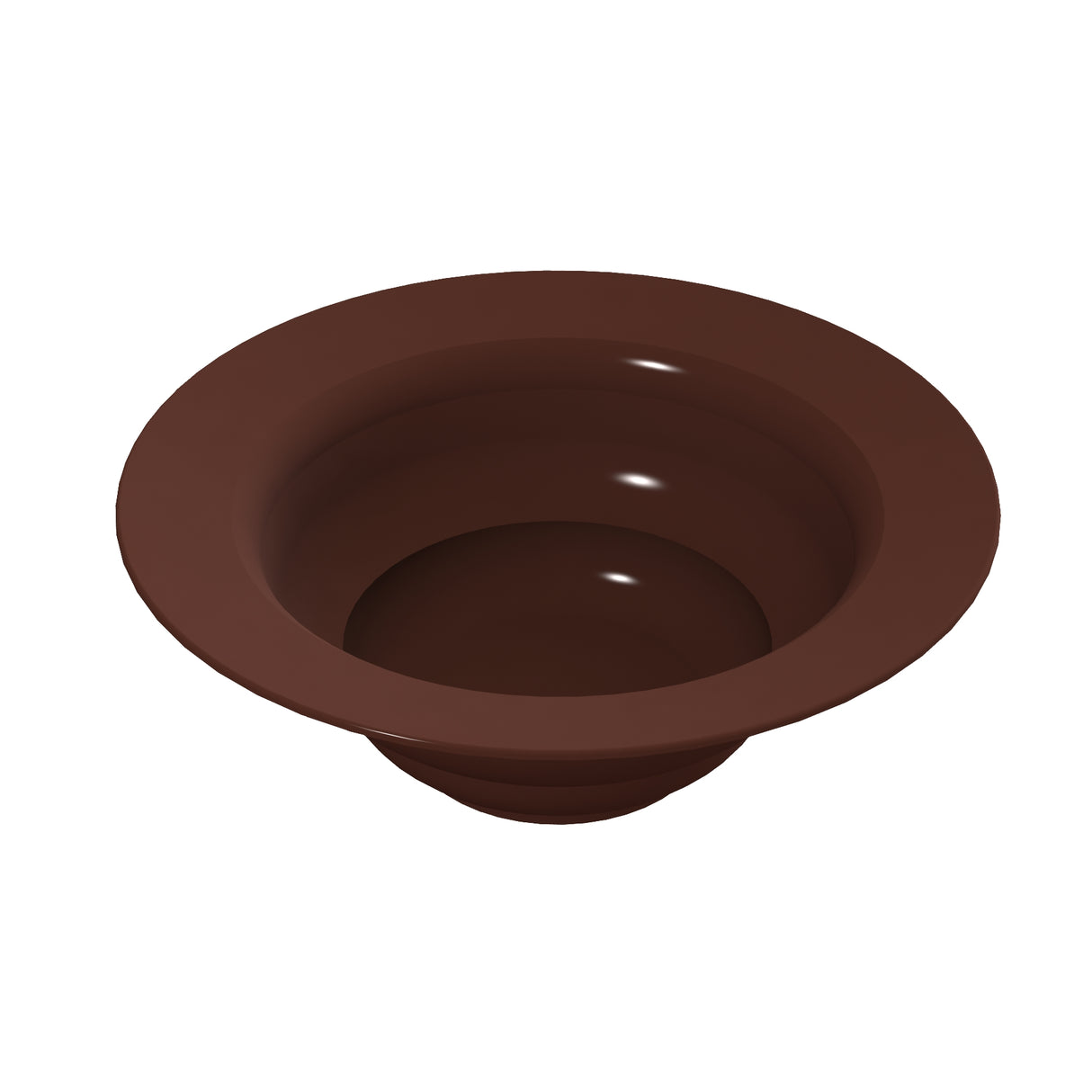 A glossy, dark brown cast aluminum salad bowl with a wide rim, viewed from above at an angle. The bowl appears empty and is set against a plain white background. The smooth surface reflects light, highlighting its curved shape and cold holding feature.