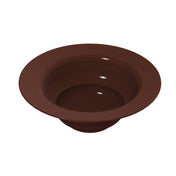 A glossy, dark brown cast aluminum salad bowl with a wide rim, viewed from above at an angle. The bowl appears empty and is set against a plain white background. The smooth surface reflects light, highlighting its curved shape and cold holding feature.