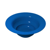 A shiny, smooth, blue, funnel-shaped cast aluminum object with a wide rim and deep, gradually narrowing center, resembling a salad bowl or scientific gravity well model, shown against a white background and is dishwasher safe.