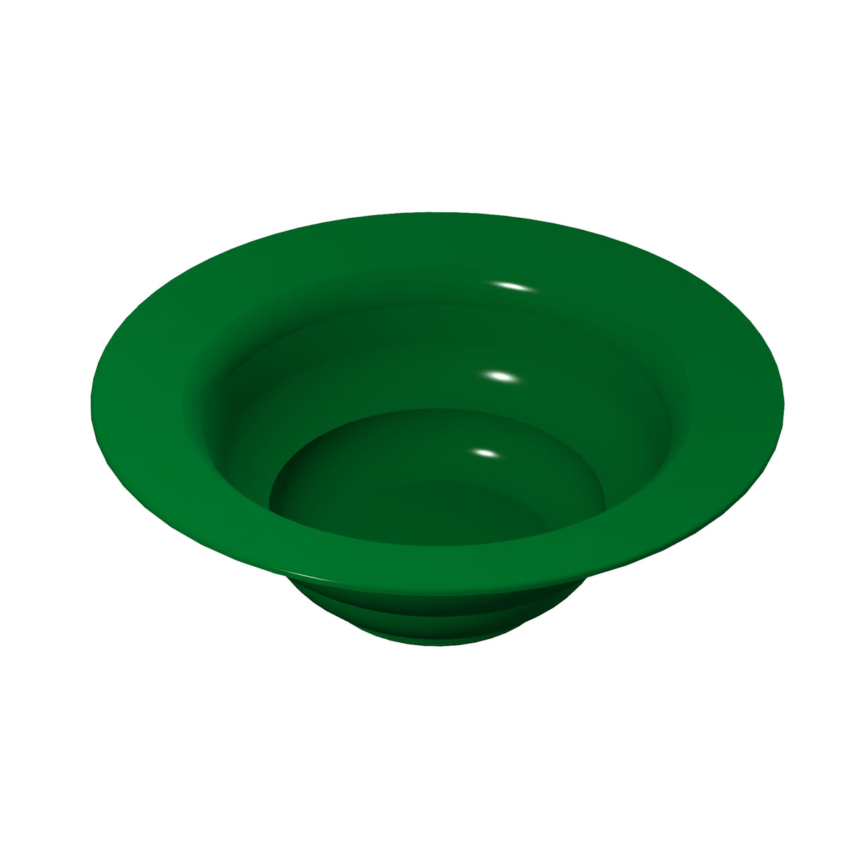 A 3D-rendered image of a green, wide-brimmed salad bowl with smooth, rounded sides and a deep center, crafted to resemble cast aluminum, viewed from a slightly elevated angle on a plain white background.