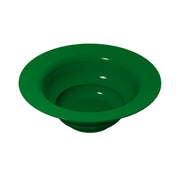 A 3D-rendered image of a green, wide-brimmed salad bowl with smooth, rounded sides and a deep center, crafted to resemble cast aluminum, viewed from a slightly elevated angle on a plain white background.