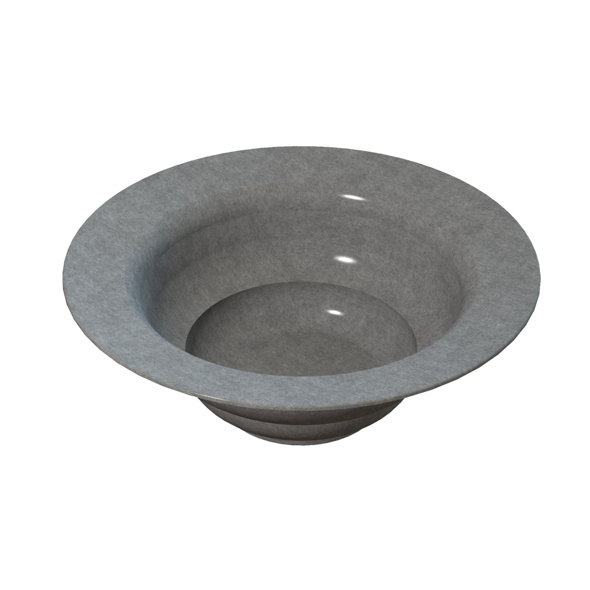 A gray, round, shallow cast aluminum salad bowl with a wide rim and smooth surface. Subtle reflective highlights suggest a polished finish ideal for cold holding. The backdrop is plain white.
