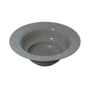 A gray, round, shallow cast aluminum salad bowl with a wide rim and smooth surface. Subtle reflective highlights suggest a polished finish ideal for cold holding. The backdrop is plain white.