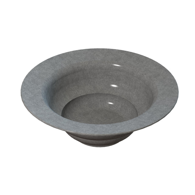 A gray, round, shallow cast aluminum salad bowl with a wide rim and smooth surface. Subtle reflective highlights suggest a polished finish ideal for cold holding. The backdrop is plain white.