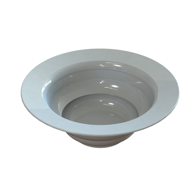 A white, glossy ceramic salad bowl with a wide rim and curved, deep interior is shown against a plain white background. The bowl’s surface reflects light, emphasizing its smooth, polished finish and elegant, simple design.