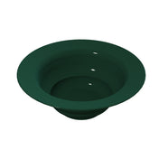 A dark green, glossy cast aluminum salad bowl with a wide, flared rim and deep, smooth interior is shown against a plain white background. The shiny material reflects light at several spots on its surface, ideal for cold holding.
