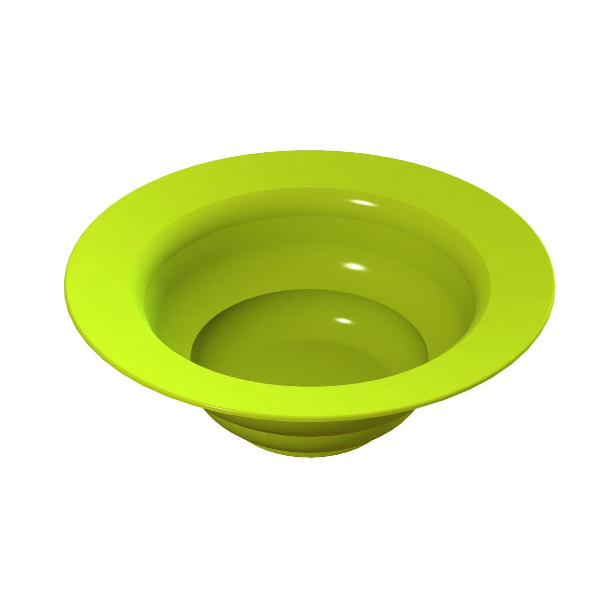 A bright green, wide-rimmed salad bowl with smooth, glossy surfaces and concentric ridges is shown against a white background. This deep plastic bowl features a modern, almost funnel-like appearance and is dishwasher safe for easy cleaning.