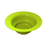 A bright green, wide-rimmed salad bowl with smooth, glossy surfaces and concentric ridges is shown against a white background. This deep plastic bowl features a modern, almost funnel-like appearance and is dishwasher safe for easy cleaning.