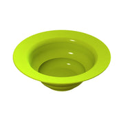 A bright green, wide-rimmed salad bowl with smooth, glossy surfaces and concentric ridges is shown against a white background. This deep plastic bowl features a modern, almost funnel-like appearance and is dishwasher safe for easy cleaning.