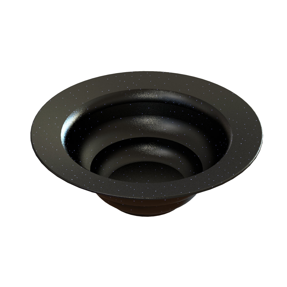 A black, round cast aluminum salad bowl with a wide rim, gradually sloping into a deep center. The glossy finish is speckled with tiny white dots, resembling a starry night sky. Dishwasher safe. The background is plain white.