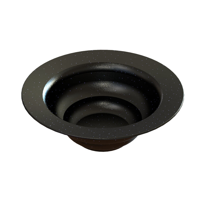 A black, round cast aluminum salad bowl with a wide rim, gradually sloping into a deep center. The glossy finish is speckled with tiny white dots, resembling a starry night sky. Dishwasher safe. The background is plain white.