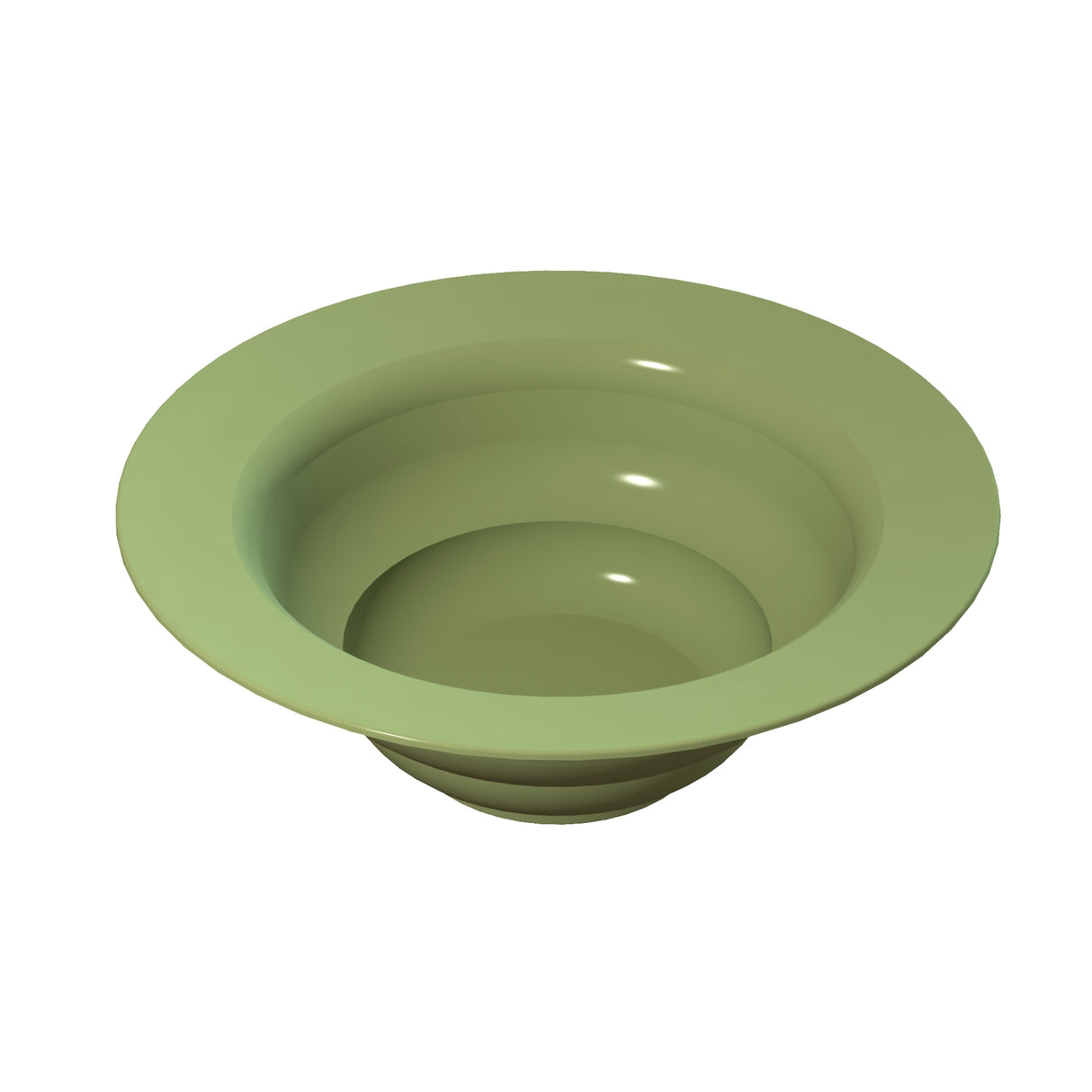 A green, glossy salad bowl with a flared, wide rim and smooth curved sides, viewed from above on a white background. This cast aluminum bowl features a simple, modern design with a deep center and gradually sloping edges.