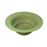 A green, glossy salad bowl with a flared, wide rim and smooth curved sides, viewed from above on a white background. This cast aluminum bowl features a simple, modern design with a deep center and gradually sloping edges.