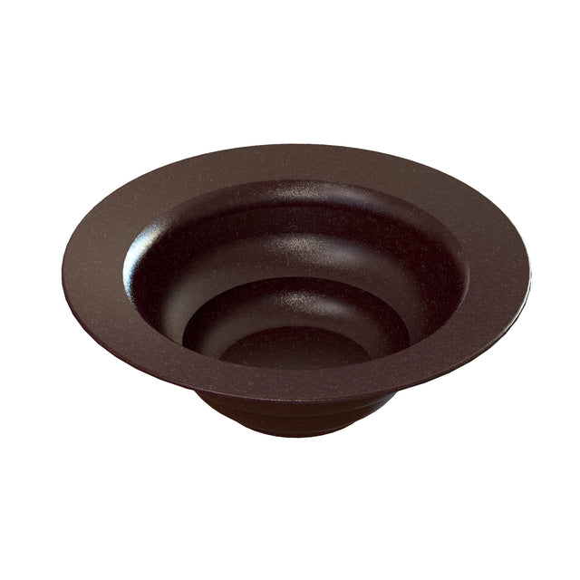 A dark brown, round salad bowl with a wide, flat rim and tiered, concentric circular steps descending inside toward the center creates a layered, modern design. Made of cast aluminum, it features a smooth, slightly speckled surface and is dishwasher safe.