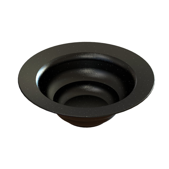 A black, round salad bowl with three circular tiers, speckled with white dots, is crafted from cast aluminum. Viewed from above on a white background, the wide rim curves inward toward a deep center and is dishwasher safe.