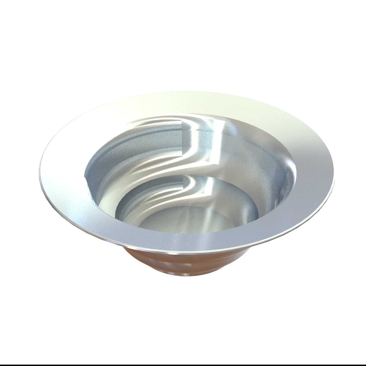 A shiny, metallic, circular cast aluminum sink with gently curving lines on the interior surface. The wide, flat rim and deep bowl reflect light on its smooth surface, evoking the look of a cold holding salad bowl against a plain white background.