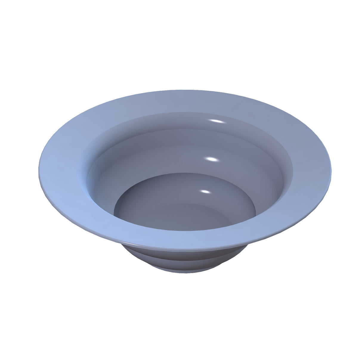 A shiny, light gray, circular salad bowl with smooth, rounded edges, viewed from above on a white background. Crafted from cast aluminum, its inner surface has subtle reflections and is dishwasher safe for easy cleaning.