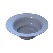 A shiny, light gray, circular salad bowl with smooth, rounded edges, viewed from above on a white background. Crafted from cast aluminum, its inner surface has subtle reflections and is dishwasher safe for easy cleaning.