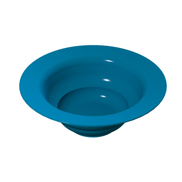 A rendered image of a shiny, blue cast aluminum funnel-shaped object with a wide, rounded rim and deep, concave center. The smooth surface reflects light, highlighting its curved design—resembling a modern salad bowl on a plain white background.