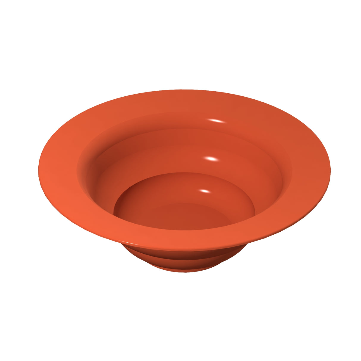 A 3D-rendered image of an orange, bowl-shaped salad bowl with a wide rim and deep center, resembling a glossy funnel or wide dish, cast aluminum in appearance and shown on a plain white background.
