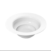 A white, ceramic salad bowl with a wide, flat rim and deep, curved interior is centered on a plain white background. The glossy surface reflects light, creating soft highlights on the inner walls—ideal for cold holding your favorite greens.
