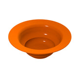 A bright orange, round, plastic salad bowl with a wide rim and glossy surface, viewed from above on a white background. The dishwasher safe bowl appears empty and features smooth, curved sides that create concentric circular shadows inside.