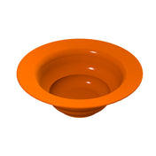 A bright orange, round, plastic salad bowl with a wide rim and glossy surface, viewed from above on a white background. The dishwasher safe bowl appears empty and features smooth, curved sides that create concentric circular shadows inside.