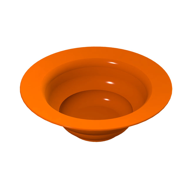 A bright orange, round, plastic salad bowl with a wide rim and glossy surface, viewed from above on a white background. The dishwasher safe bowl appears empty and features smooth, curved sides that create concentric circular shadows inside.