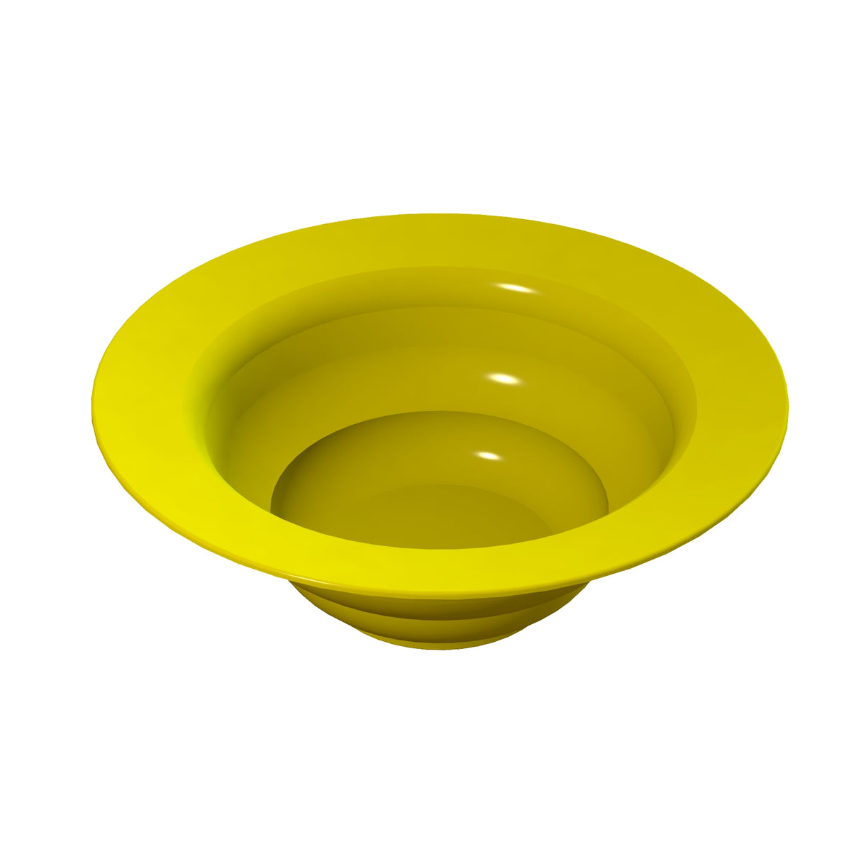 A bright yellow, smooth, and shiny cast aluminum funnel-shaped object with wide, curved sides and a smaller opening at the bottom, placed against a plain white background. The surface reflects light, creating highlights.