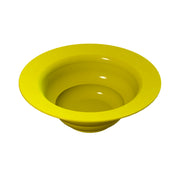 A bright yellow, smooth, and shiny cast aluminum funnel-shaped object with wide, curved sides and a smaller opening at the bottom, placed against a plain white background. The surface reflects light, creating highlights.