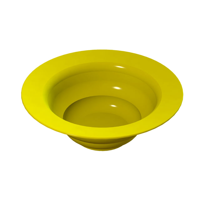A bright yellow, smooth, and shiny cast aluminum funnel-shaped object with wide, curved sides and a smaller opening at the bottom, placed against a plain white background. The surface reflects light, creating highlights.
