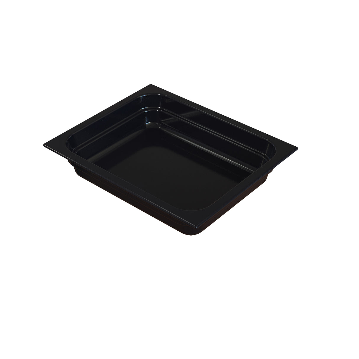 A black, rectangular plastic food pan with rounded corners and smooth edges, viewed from above at an angle against a white background. This shallow food pan is empty and ideal for cold holding or serving and storing food.